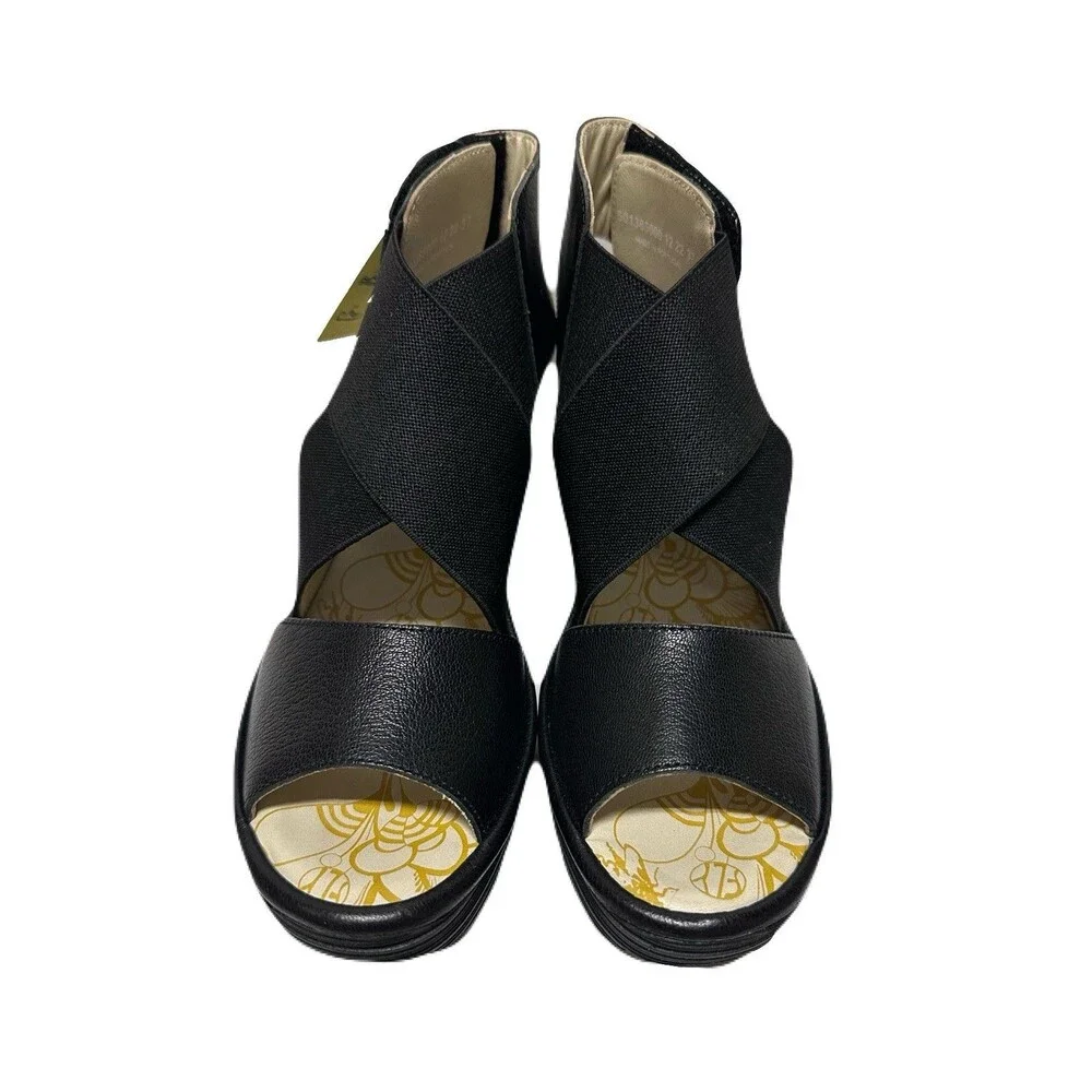 NEW FLY London Womens Size 6.5-7 37 Yuba Black Leather Crossover Wedge Sandals